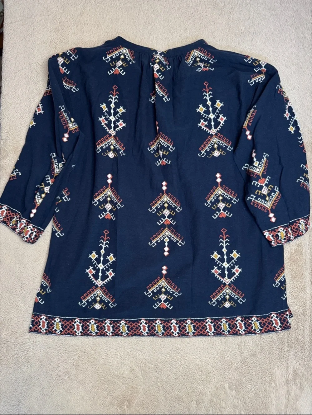Madewell Marta Folkstitch Popover Top Navy Tassels Boho 3/4 Sleeve est sz L - Picture 8 of 8